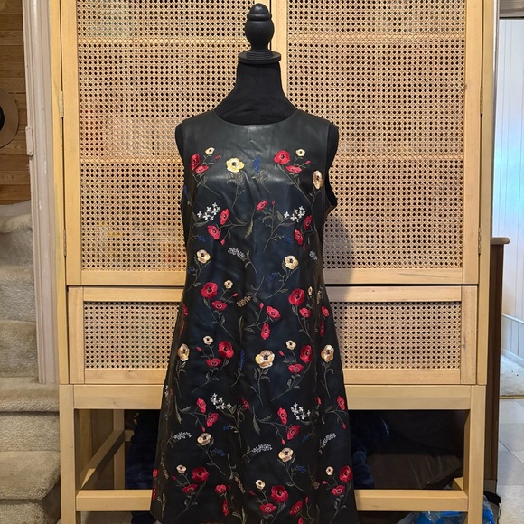 CALVIN KLEIN LADIES FAUX LEATHER EMBROIDERED SHIFT DRESS, 8, $189 - Picture 1 of 5